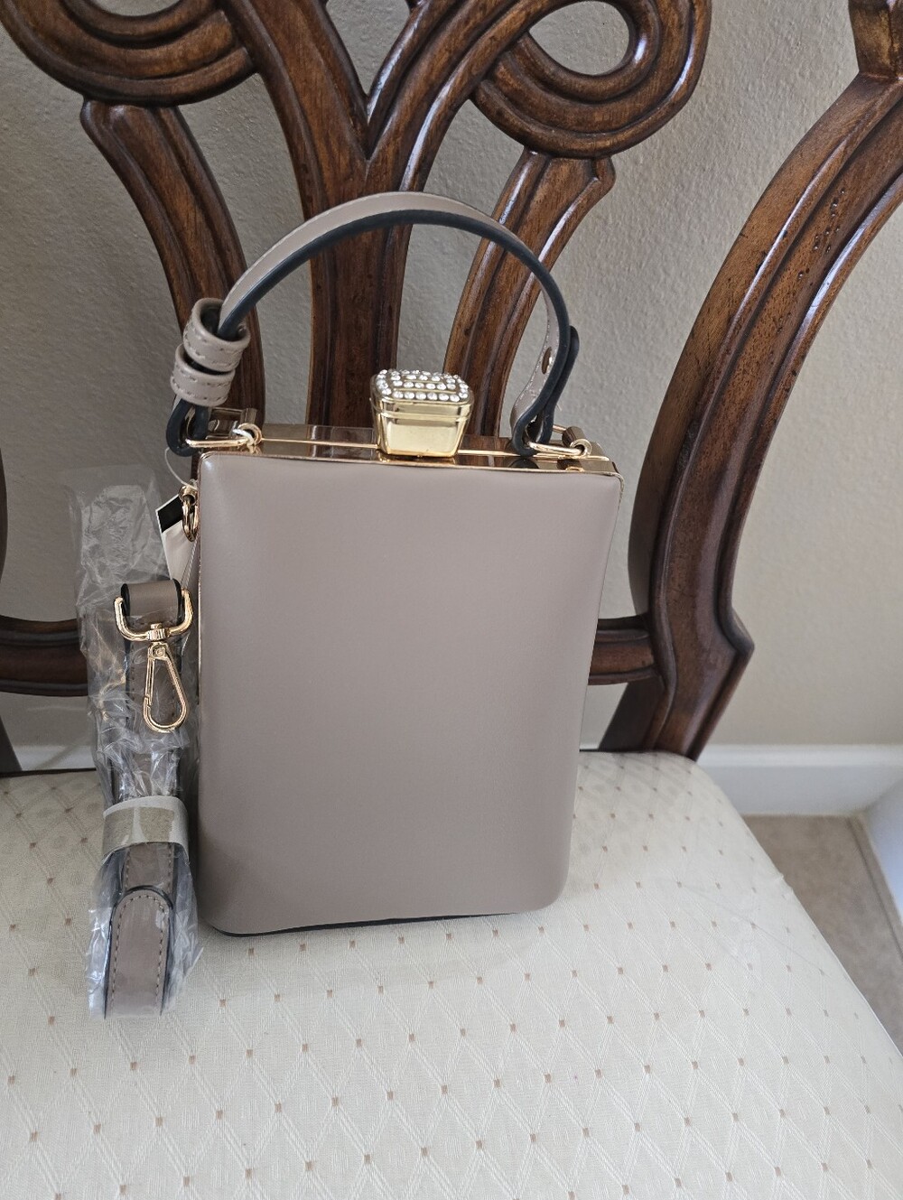 Taupe Box Handbag with Top Handle and Crystal Clasp